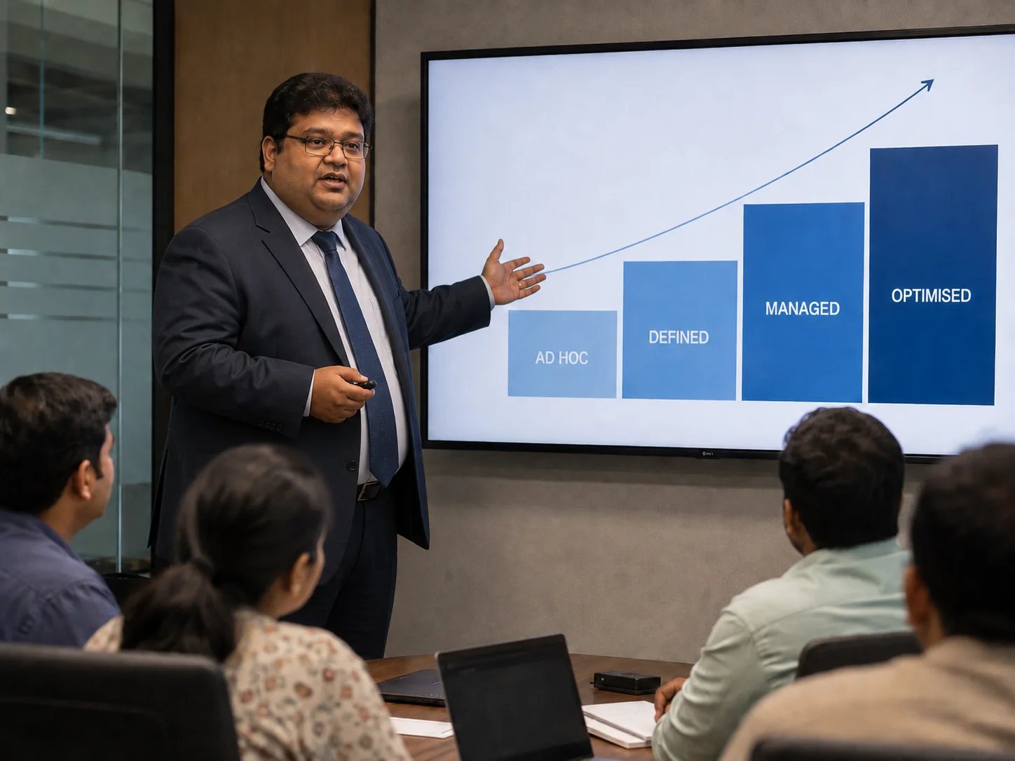 An IT consultant presenting a four-stage data maturity model to colleagues